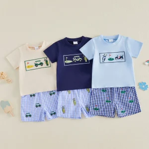 Boys T-Shirts/Plaid Shorts Set