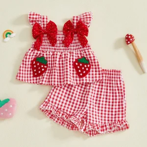 Summer Strawberry Embroidered  Shorts Clothes Set