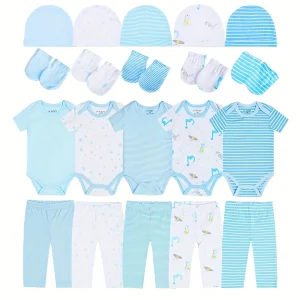 JY.COZY 20-Pack Unisex Newborn Layette Essentials Giftset Infant Bodysuit Pants Hats Mittens Set Soft Breathable Cotton No Zipper Snap Closure Machine Washable Baby Clothes for Home Sleep Outing Light Blue Stripe Star Dinosaur
